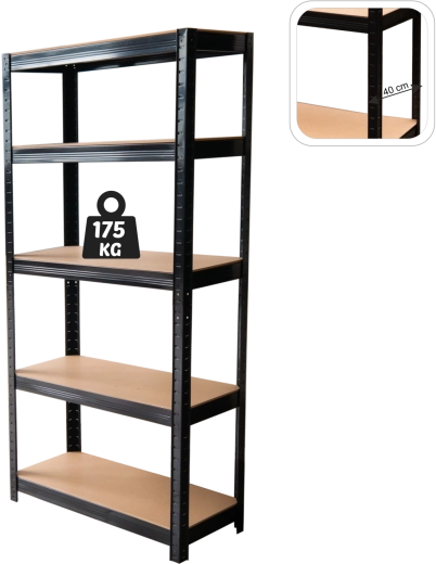 Penkių lentynų metalinis stelažas 180 × 90 × 40 cm, juodas, lentynos apkrova 175 kg