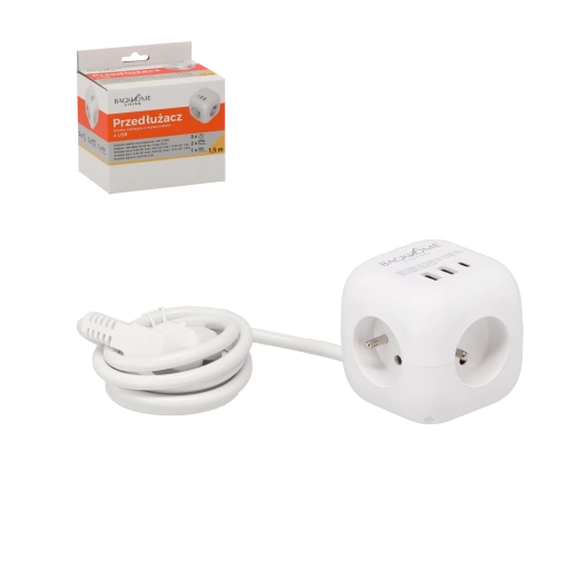 Power Cube extension socket 3×230 V and 3× USB, 1.5 m, white