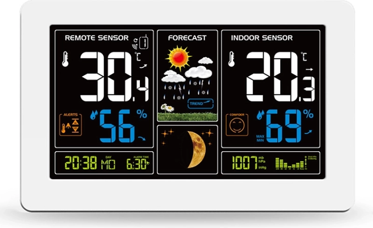 Solight meteorologinė stotelė su itin dideliu spalvotu LCD ir USB įkrovimu, balta