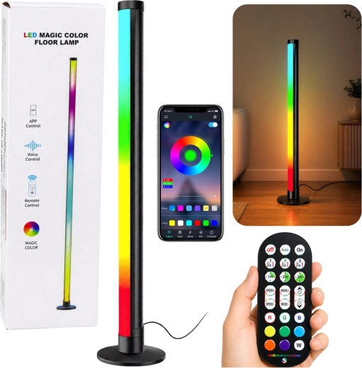 RGB LED kampinė pastatoma lempa 90 cm su muzikos režimu, programėle ir nuotolinio valdymo pulteliu