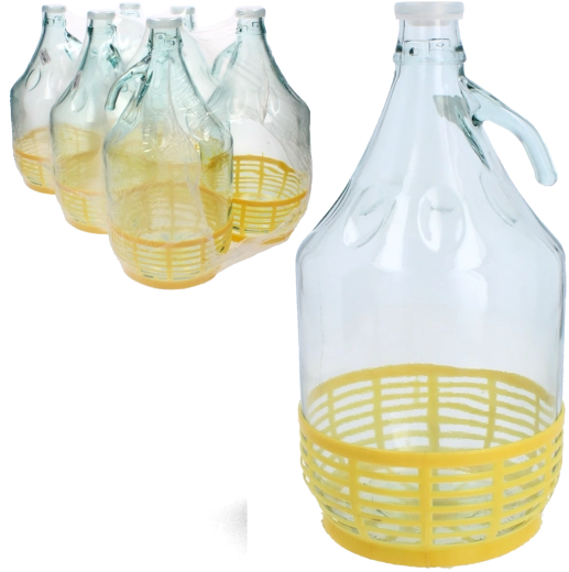 Stiklinis demižonas 5 l su rankena ir plastikiniu kamščiu