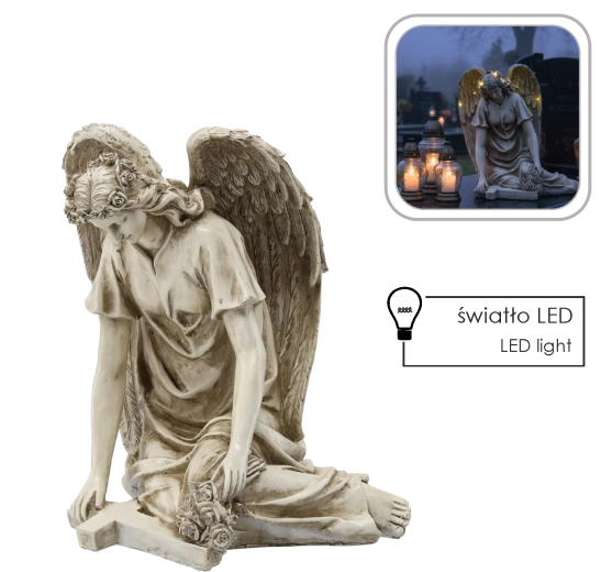 Angelo statula su kryžiumi ir LED vainiku, smėlinė 34 × 26,5 × 38 cm