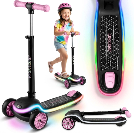 Kids’ three-wheel balance scooter with LED deck lighting RICOKIDS Leddi – black‑pink