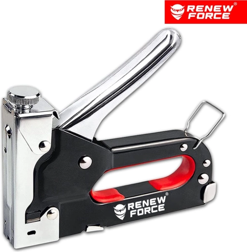 RENEW FORCE manual upholstery stapler 4–14 mm with impact force adjustment and a set of 1600 staples