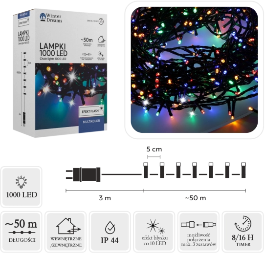 Kalėdinė LED šviesos girlianda 1000 diodų, multicolor su šaltai baltu „flash“ efektu, 50 m (3 m maitinimo laidas) – 1 vnt.