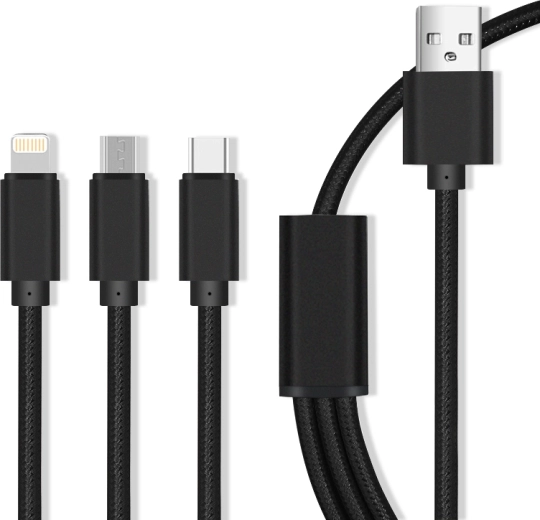 Maxlife nylon charging cable 3-in-1 Micro USB / USB-C / Lightning 2.1 A, black