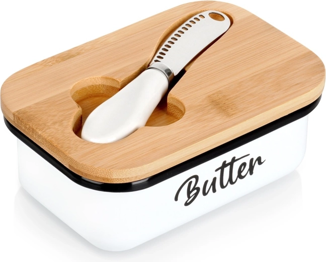 White enamel metal butter dish with bamboo lid and knife