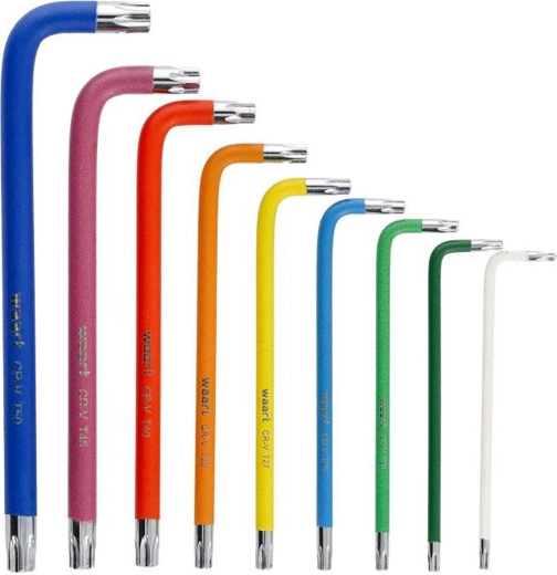 Colored set of extended TORX keys T10–T50 with hole and magnetic tip, 9 pieces