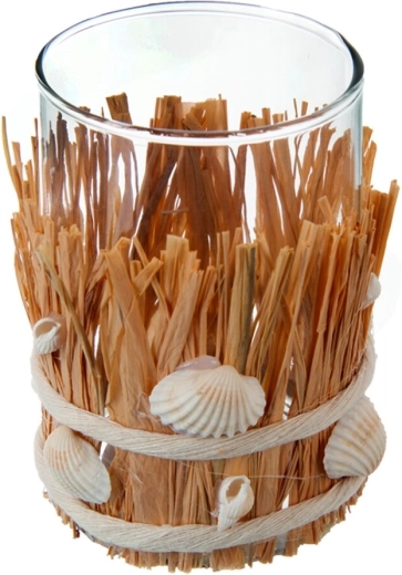 SEA glass candle holder with a natural grass accent, brown