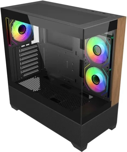 Elite 690 wood PC case with 270° panoramic tempered glass and ARGB fans