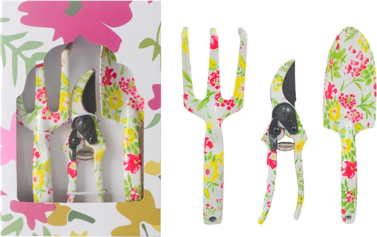 3-piece garden hand tool set with floral design