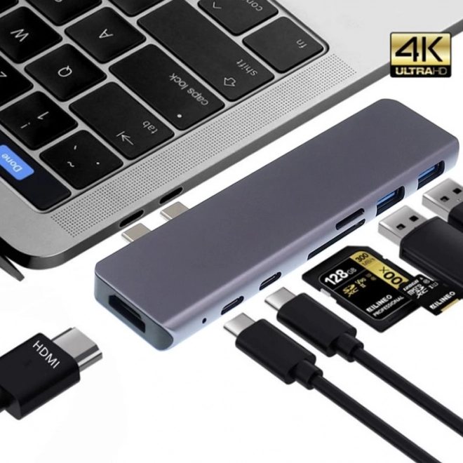 7 viename USB‑C šakotuvas su 4K HDMI ir SD skaitytuvu, skirtas MacBook Pro/Air – pilkas