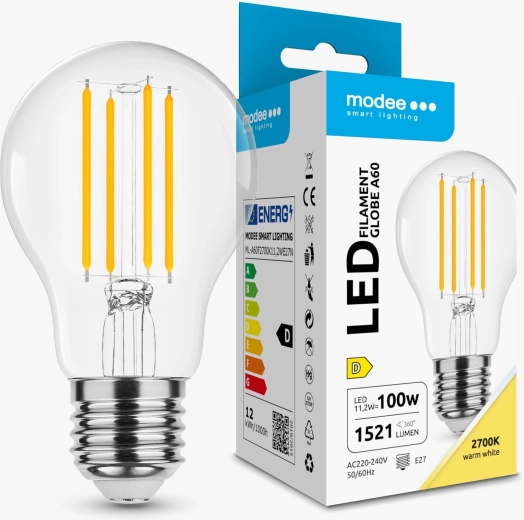 Modee Smart Lighting LED kaitrinė lemputė su gijų imitacija Globe A60 E27 11,2 W šilta balta