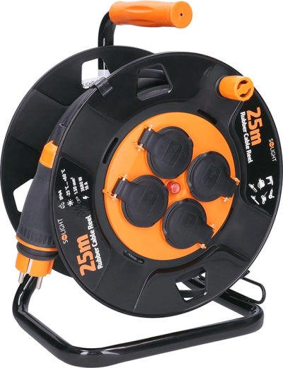 Solight extension cord on reel 25 m, 4 sockets, rubber cable, IP44