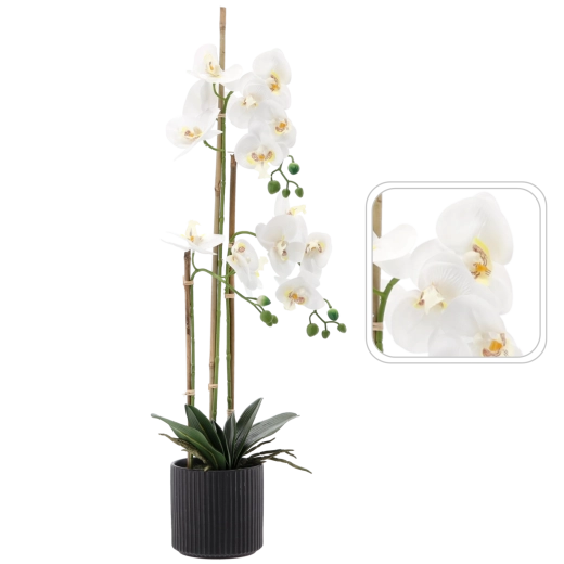 Artificial white orchid 77 cm in a black flowerpot