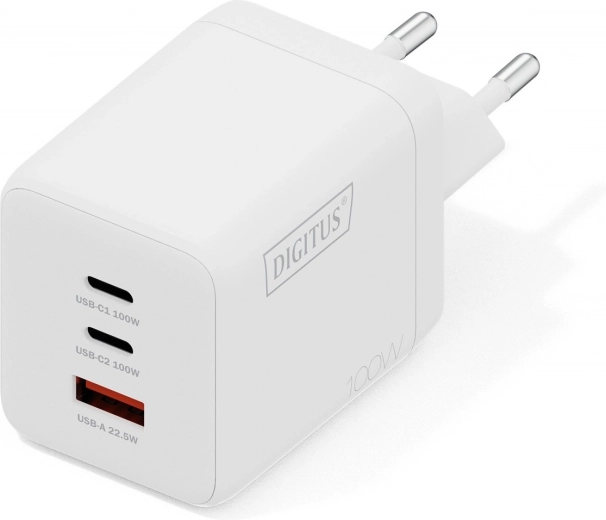 Wall USB GaN Charger 100 W, 2× USB‑C and 1× USB‑A, white