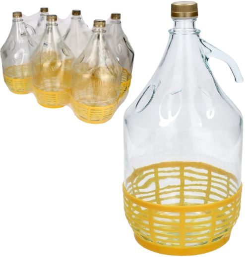 Stiklinis 5 l demižonas su užsukamu dangteliu ir plastikine rankena