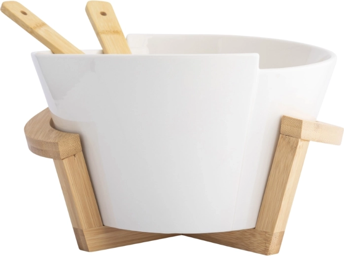 Serving salad bowl with bamboo stand and serving utensils