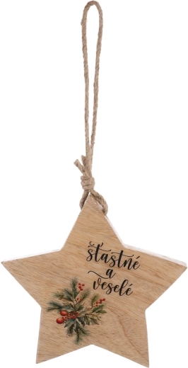 Hanging wooden Christmas star made of mango wood with the inscription "Happy and Merry" - 1 piece