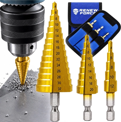 Set of titanium step drill bits HSS RENEW FORCE 4–32 mm with hex shank