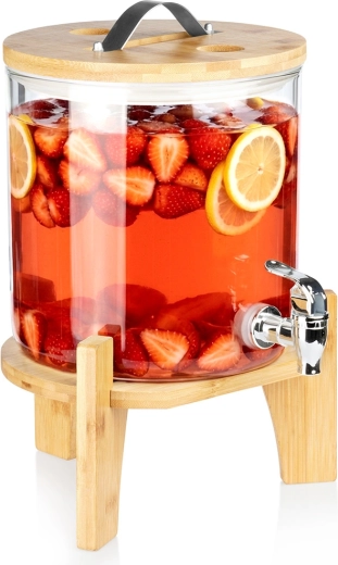 Stiklinis gėrimų dozatorius su čiaupu ir bambukiniu stovu, 5 l