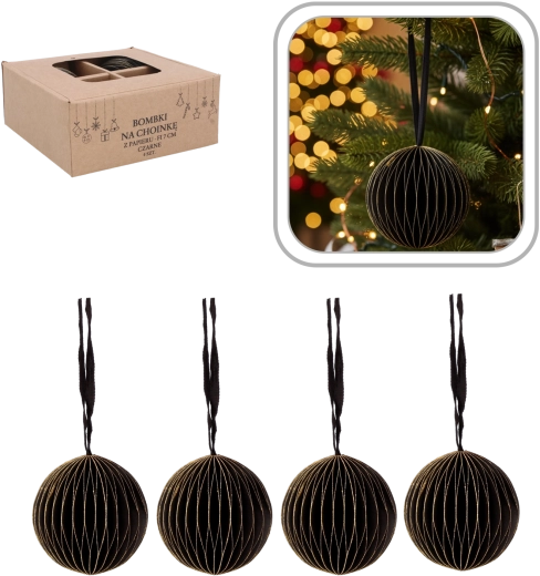 Set of Black Paper Christmas Baubles 7 cm (4 pcs) Chomik