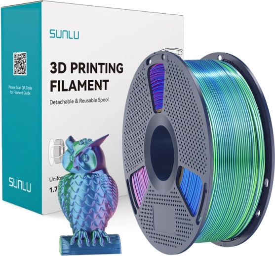 Sunlu PLA+ silk trispalvis filamentas 3D spausdinimui mėlyna–žalia–violetinė