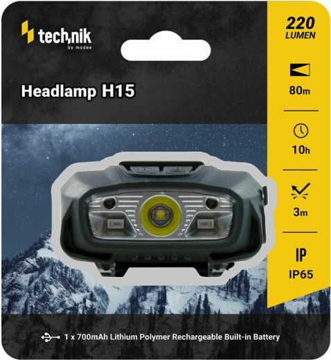 Technik MT-H15 galvos žibintuvėlis su guminimu ir raudona šviesa