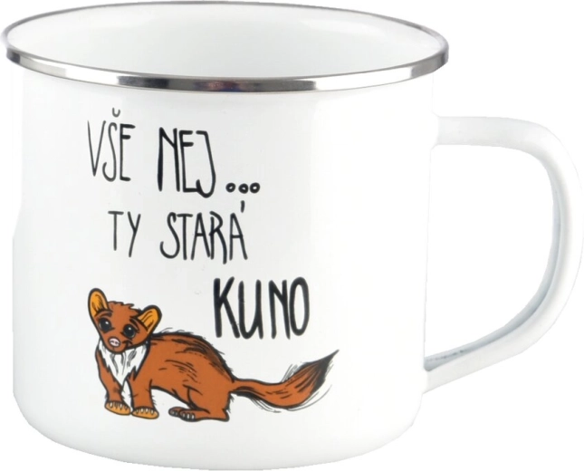 Emaliuotas skardinis puodelis su kiaunės motyvu 500 ml, baltas