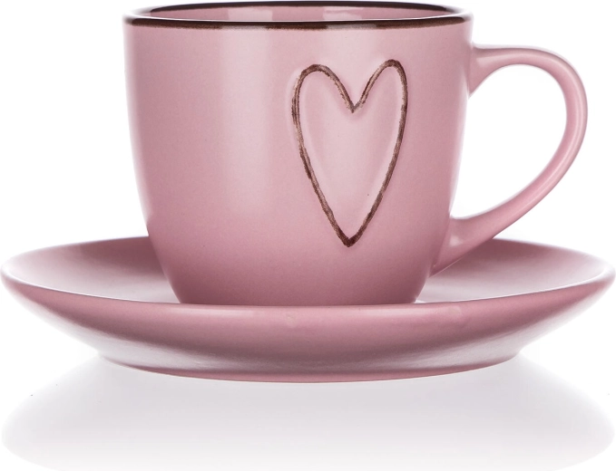 Puodelis su lėkštute 260 ml HEART rožinis keramikinis