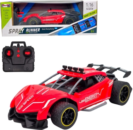 Red sports RC racing car with smoke effect