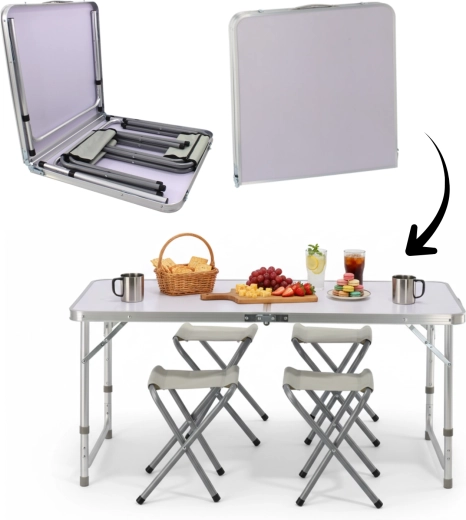 Sulankstomas kempingo komplektas su stalu ir 4 taburetėmis 120 × 60 × 70 cm