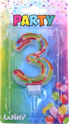 Vakarėlio žvakutė skaičius 3 su juostelėmis