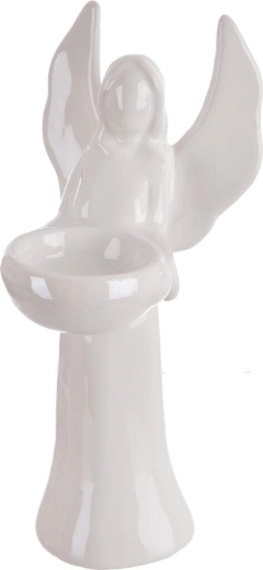 Decorative ceramic angel candle holder in white mother-of-pearl, 20 cm