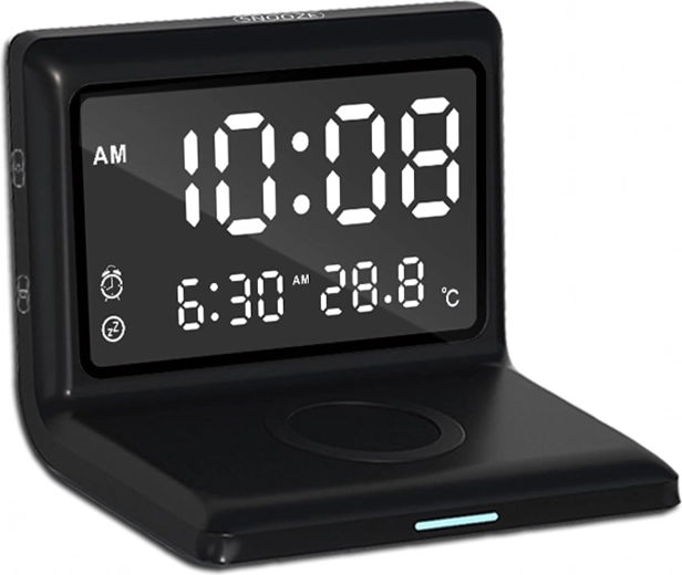 3-in-1 digital alarm clock with 15 W wireless charging and thermometer, mirror display