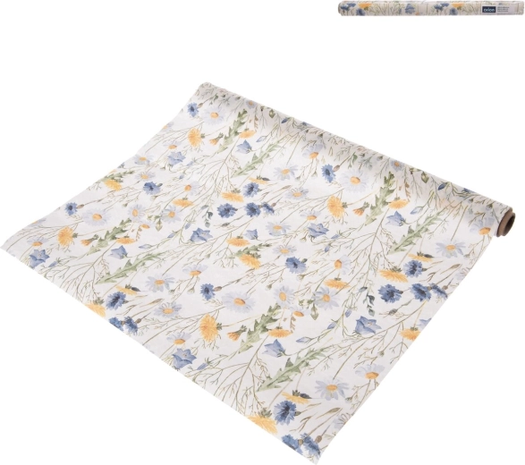 Paper table runner with blue spring flowers motif 180 × 40 cm