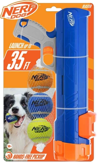 Nerf Dog kamuoliukų šaudyklė 30 cm be klipso + 3 cypsintys teniso kamuoliukai 5 cm