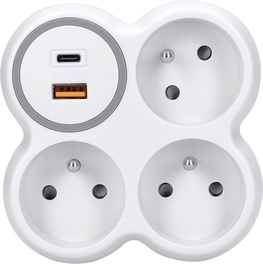 Solight plug-in socket splitter 3× 16 A with USB-A and USB-C PD 20 W fast charging, white-grey