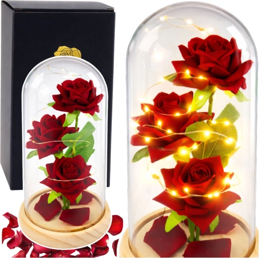 Amžinos raudonos rožės stikliniame gaubte su LED apšvietimu 21,5 × 11 cm