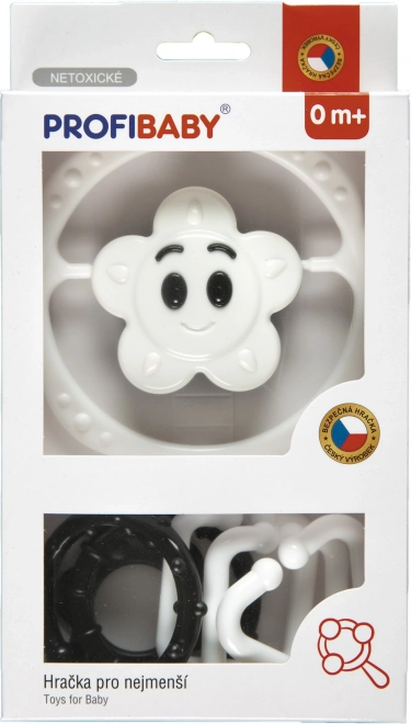 Barškučių rinkinys juodai baltas – vežimėlio grandinėlė ir žvaigždutės/gėlytės barškutis