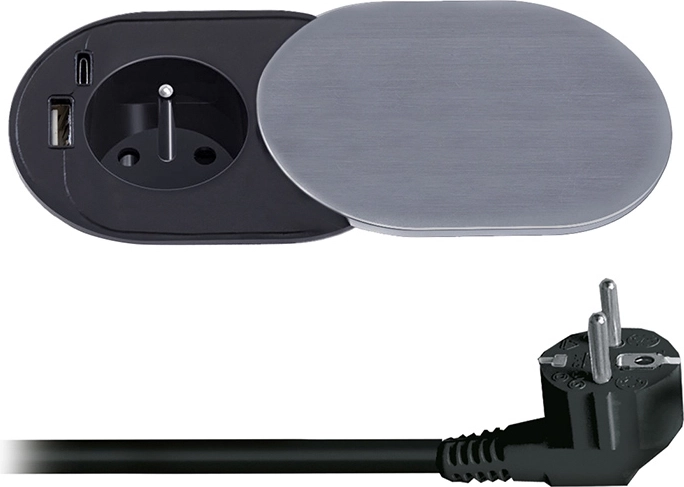 Solight įmontuojamas 230 V lizdas su USB-A ir USB-C PD 20 W su slankiu dangteliu, 2 m, sidabrinis