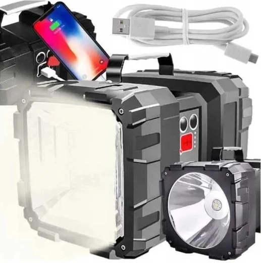 Dvipusė galinga įkraunama LED žibintuvėlis su išorine baterija (powerbank)