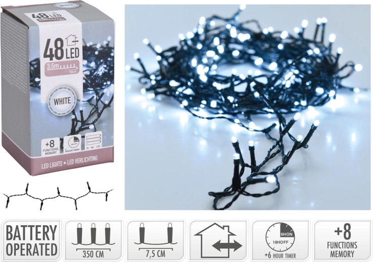 Kalėdinė LED girlianda 3,5 m, šaltai balta, 48 LED, 8 funkcijos su laikmačiu