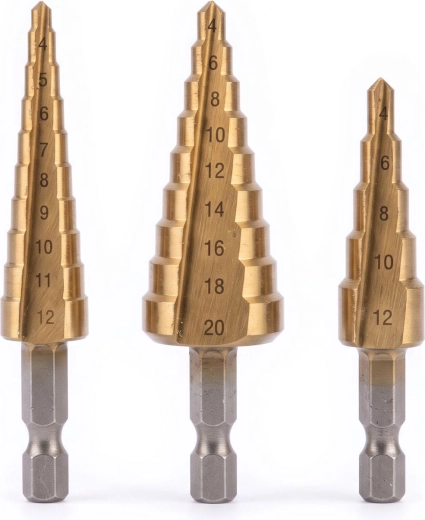 Set of step drill bits for metal 4–20 mm