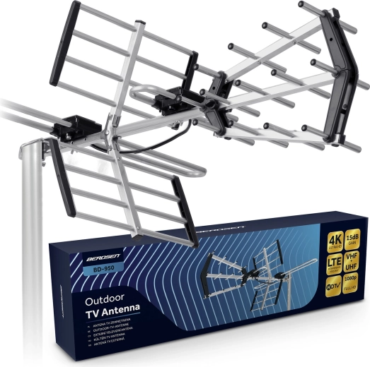 Lauko kryptinė TV antena BERDSEN, skirta DVB-T/T2, 4K Ultra HD, VHF/UHF, LTE filtras, veikimo nuotolis 80 km