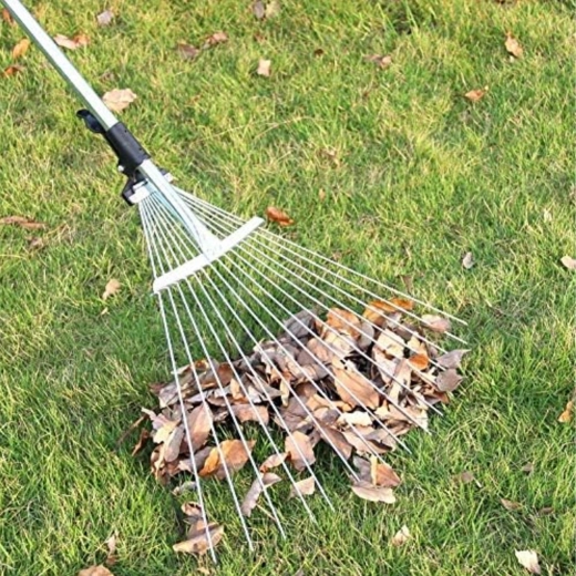 Adjustable metal fan rake for leaves and grass with handle