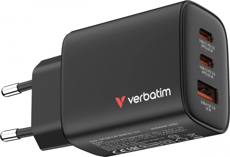 Verbatim Essentials GaN wall charger 65 W (2× USB-C, 1× USB-A, PD 3.0/QC 3.0) – EU
