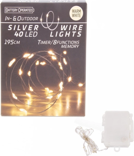 LED string lights on thin wire, 40 warm yellow LEDs with timer for indoor and outdoor use