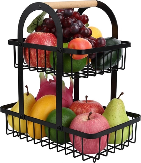 Two-tier metal fruit basket with wooden handle - 1 piece