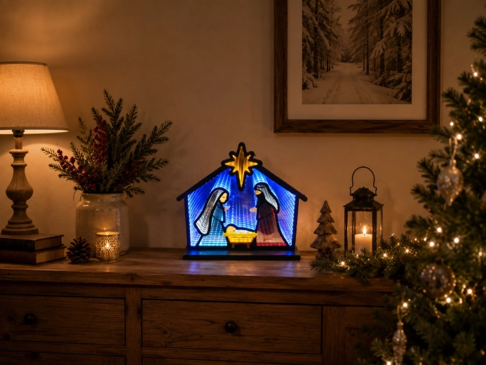 Kalėdinė 3D dekoracija Prakartėlė su LED ir infinity veidrodiniu efektu 33,5 × 8 × 28,7 cm